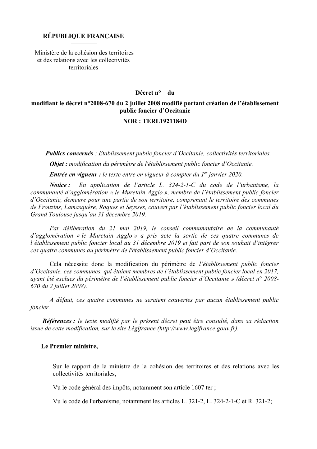 Projet De Décret Portant Sur La Modification Du Périmètre De L'epf D'occitanie