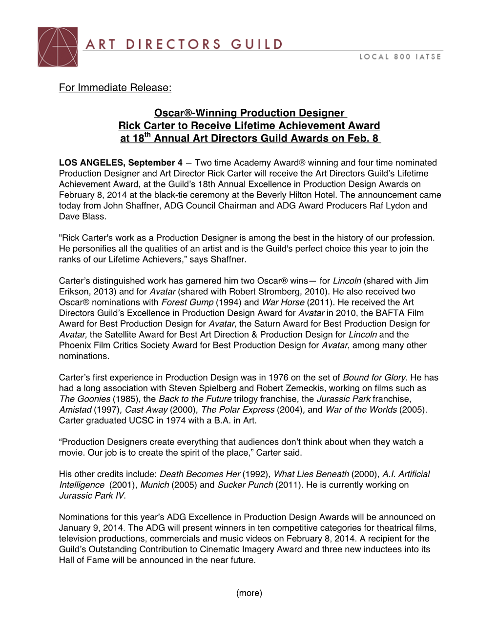 For Immediate Release: Oscar®-Winning Production Designer