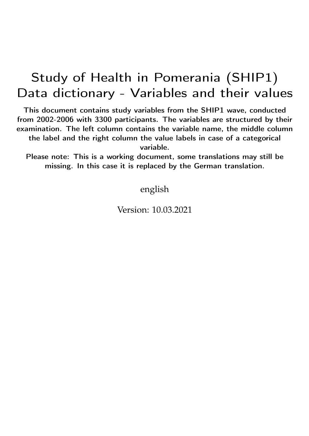 Study of Health in Pomerania (SHIP1) Data Dictionary