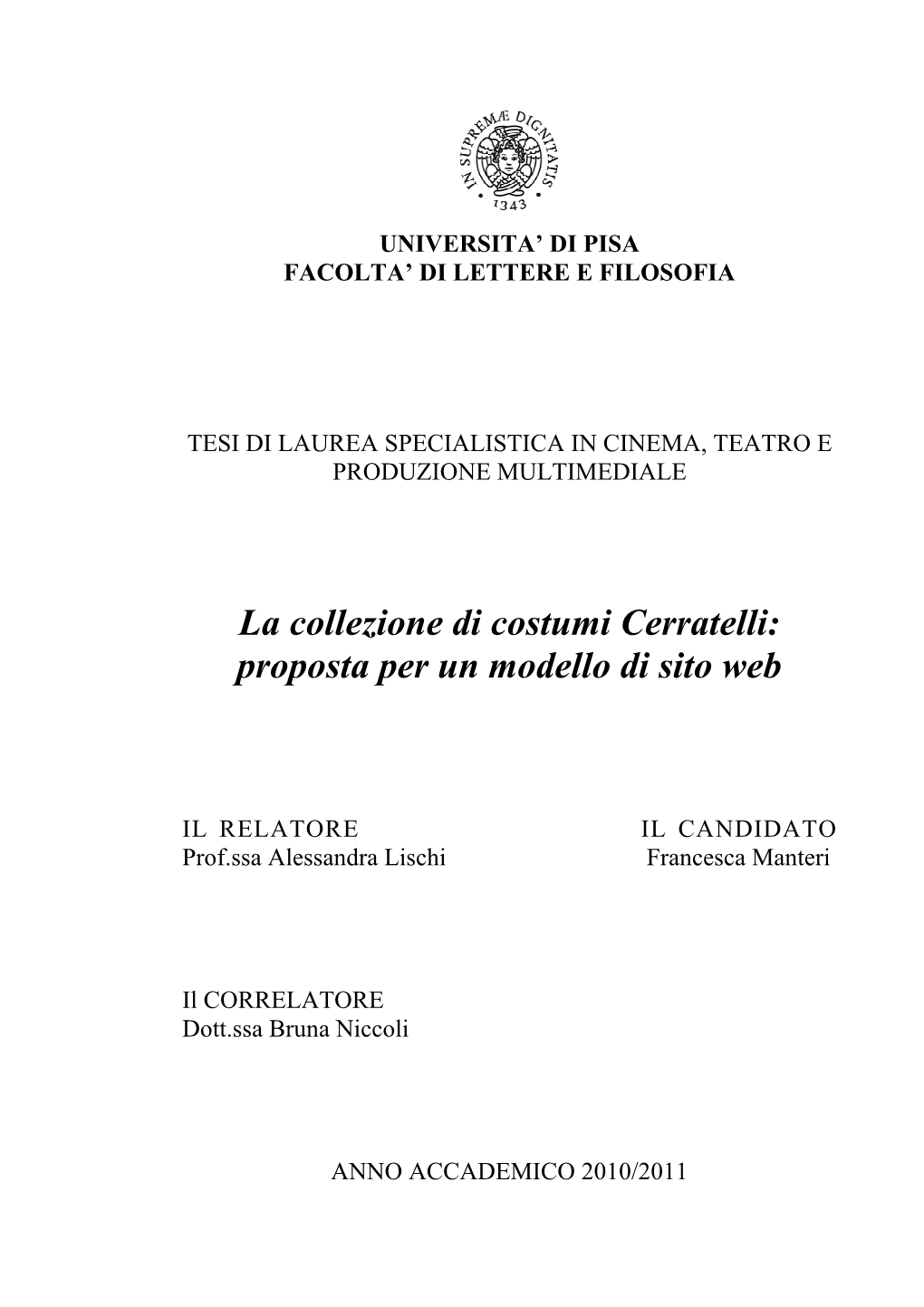 La Collezione Di Costumi Cerratelli: Proposta Per Un Modello Di Sito Web