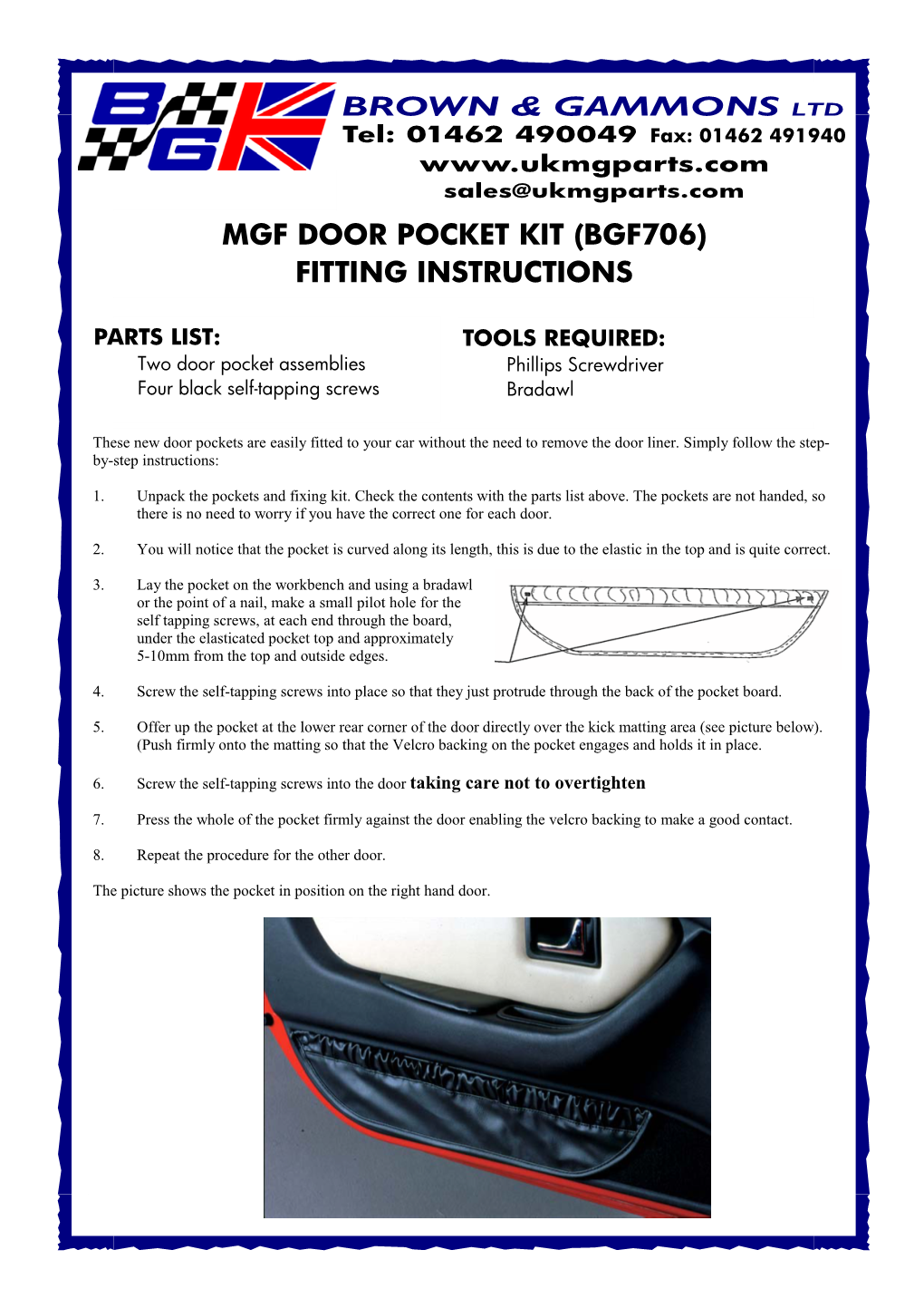 Mgf Door Pocket Kit (Bgf706) Fitting Instructions