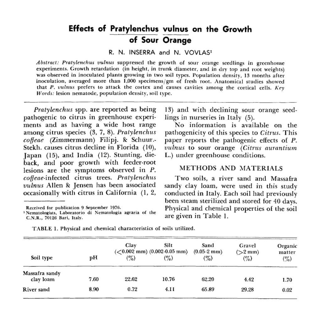 Effects of Pratylenchus Vulnus on the Growth of Sour Orange R