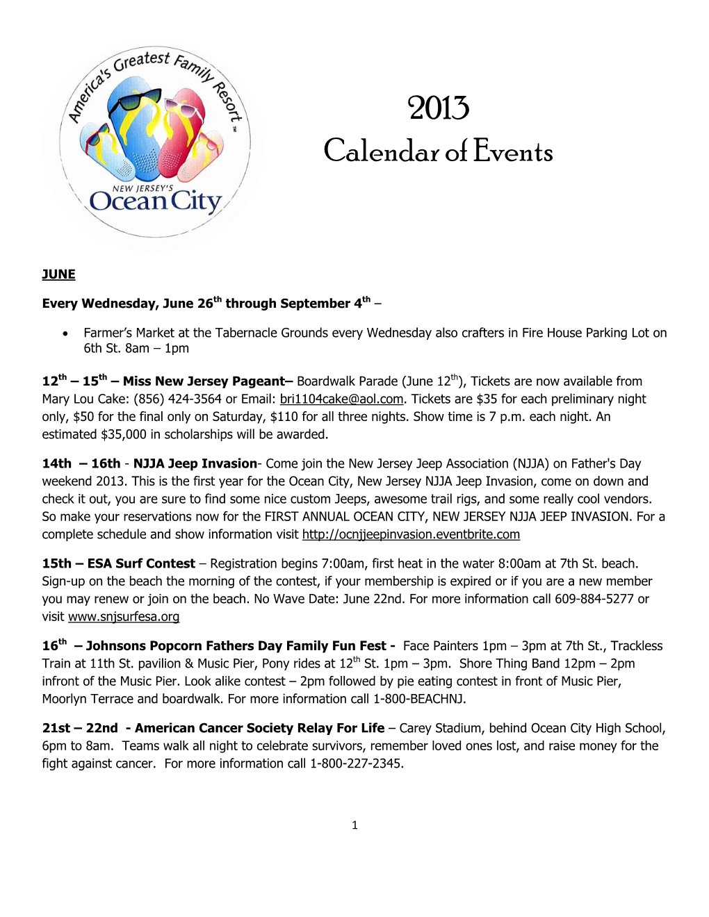 2013 Calendar of Events