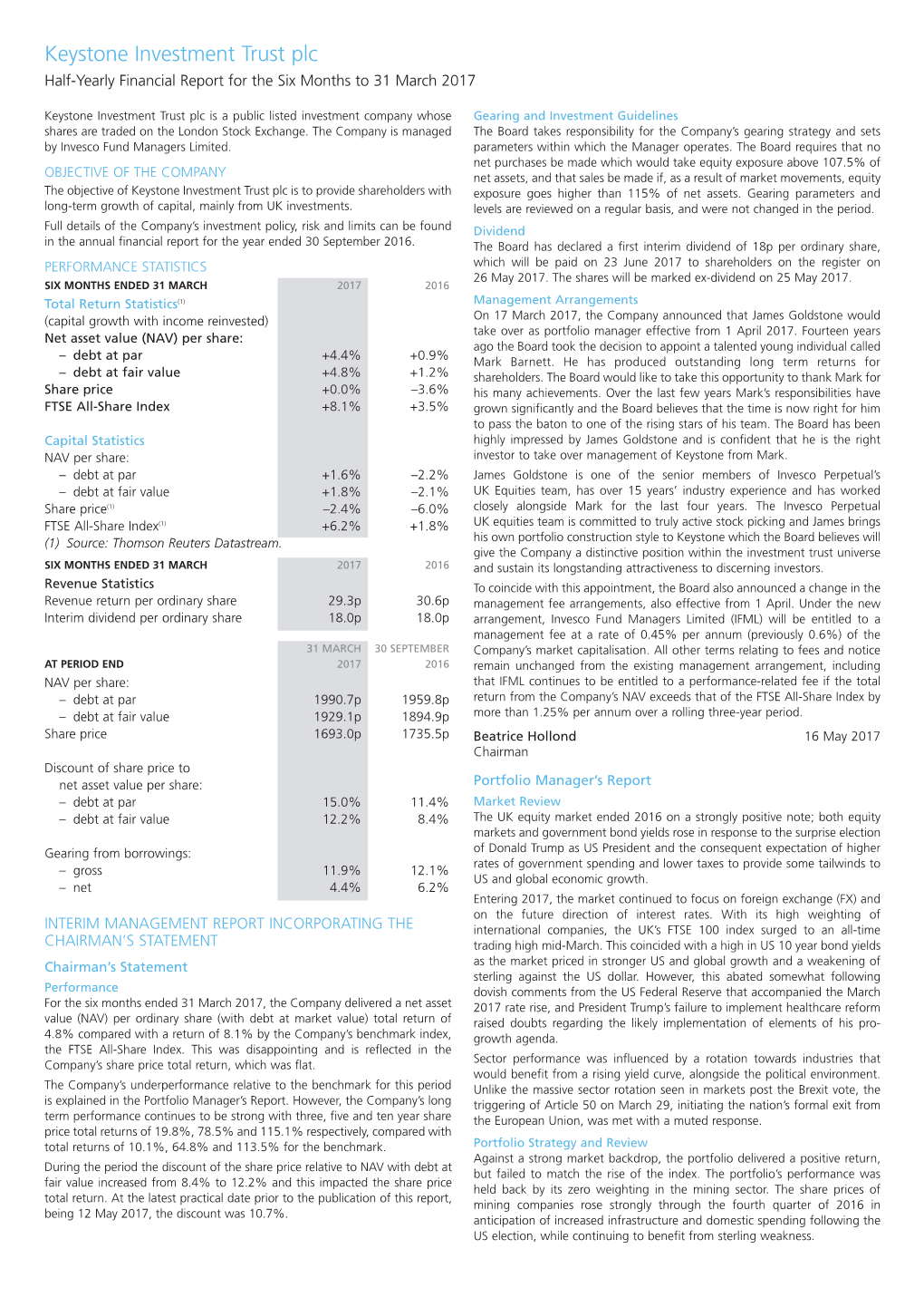 Keystone Investment Trust Half Year Report