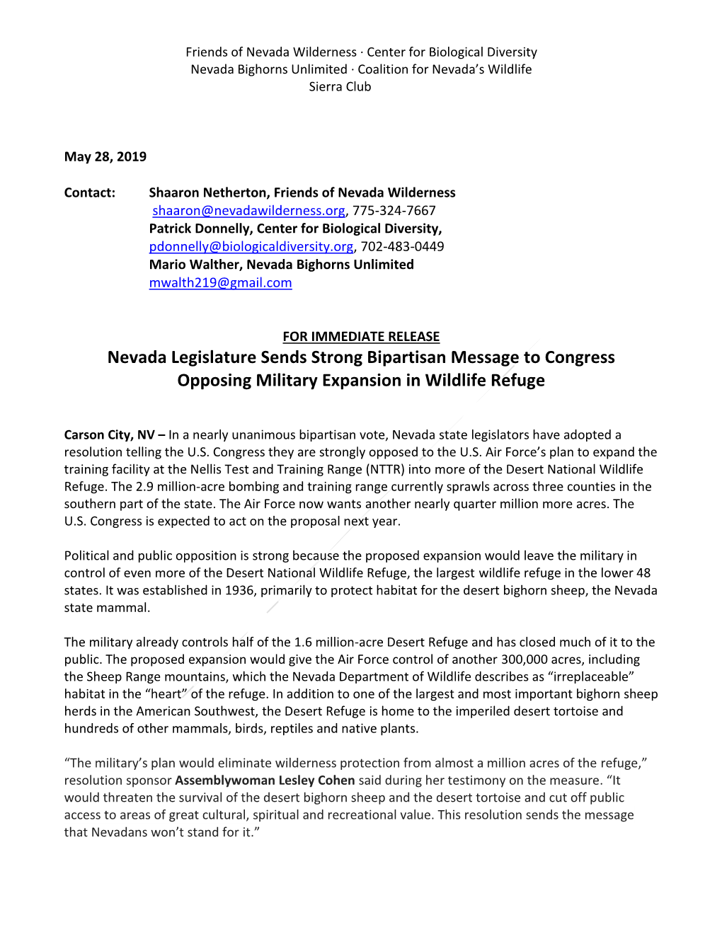 Nevada Legislature Sends Strong Bipartisan Message to Congress Opposing Military Expansion in Wildlife Refuge