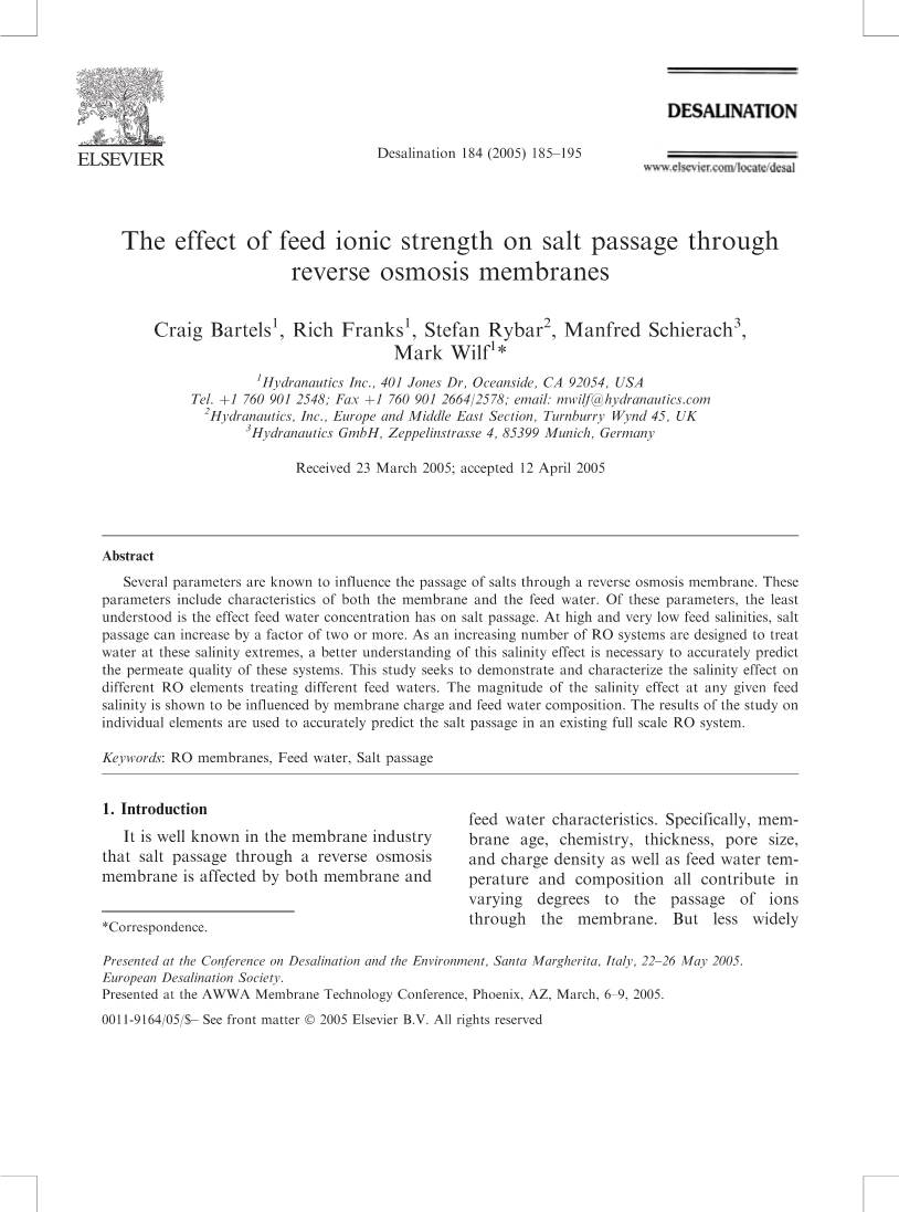 The Effect of Feed Ionic Strength on Salt Passage Through RO Membranes