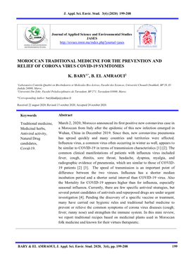 Moroccan Traditional Medicine for the Prevention and Relief of Corona Virus Covid-19 Symtomes K. Bary1*, B. El Amraoui2