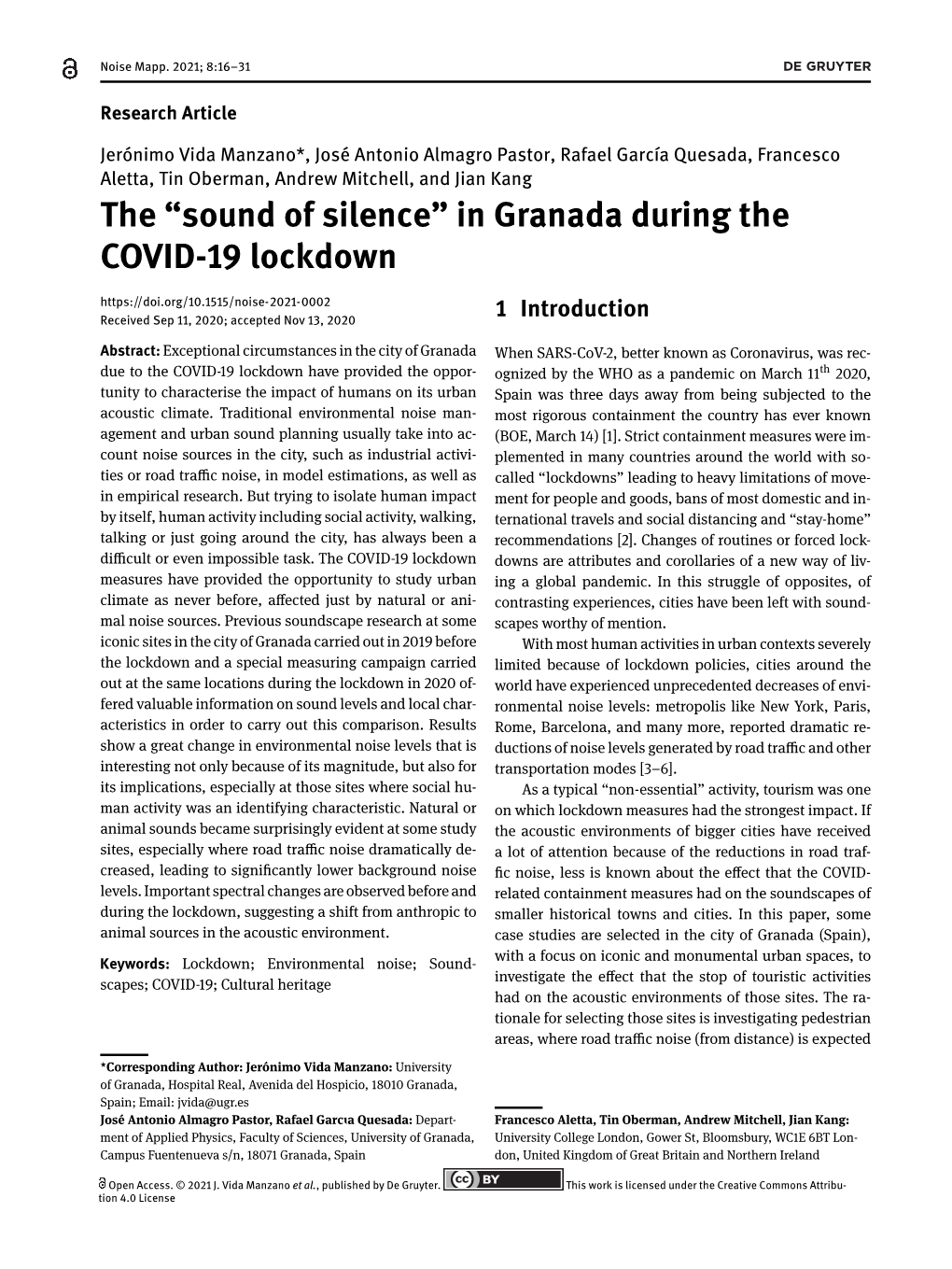 The “Sound of Silence” in Granada During the COVID-19 Lockdown Received Sep 11, 2020; Accepted Nov 13, 2020 1 Introduction