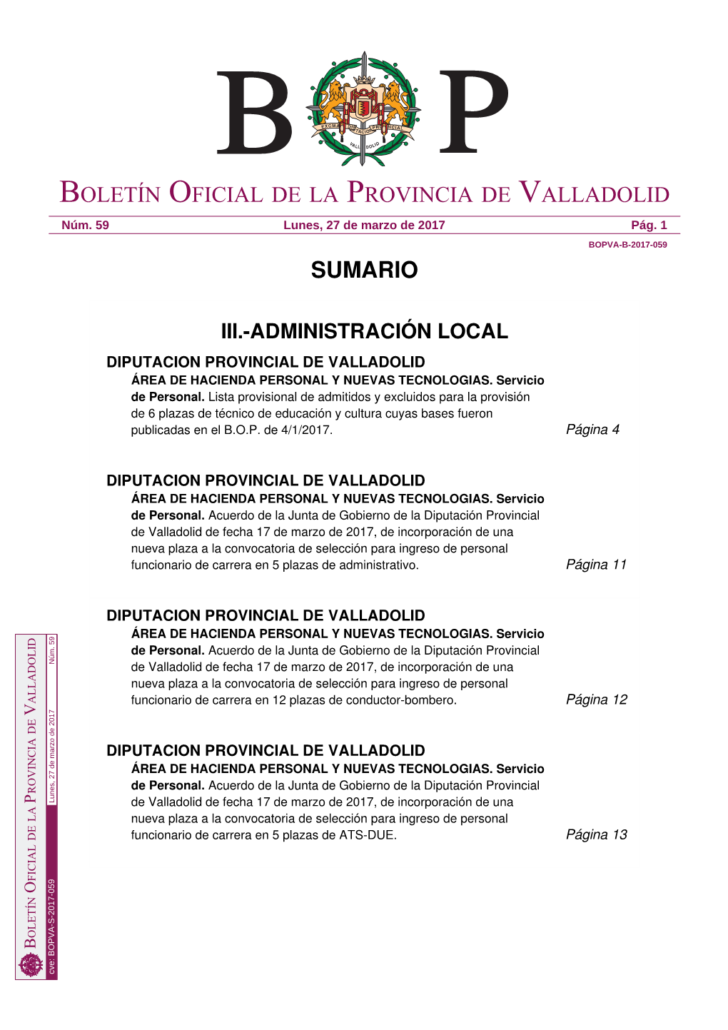 Sumario Boletín Oficial De La Provincia De Valladolid
