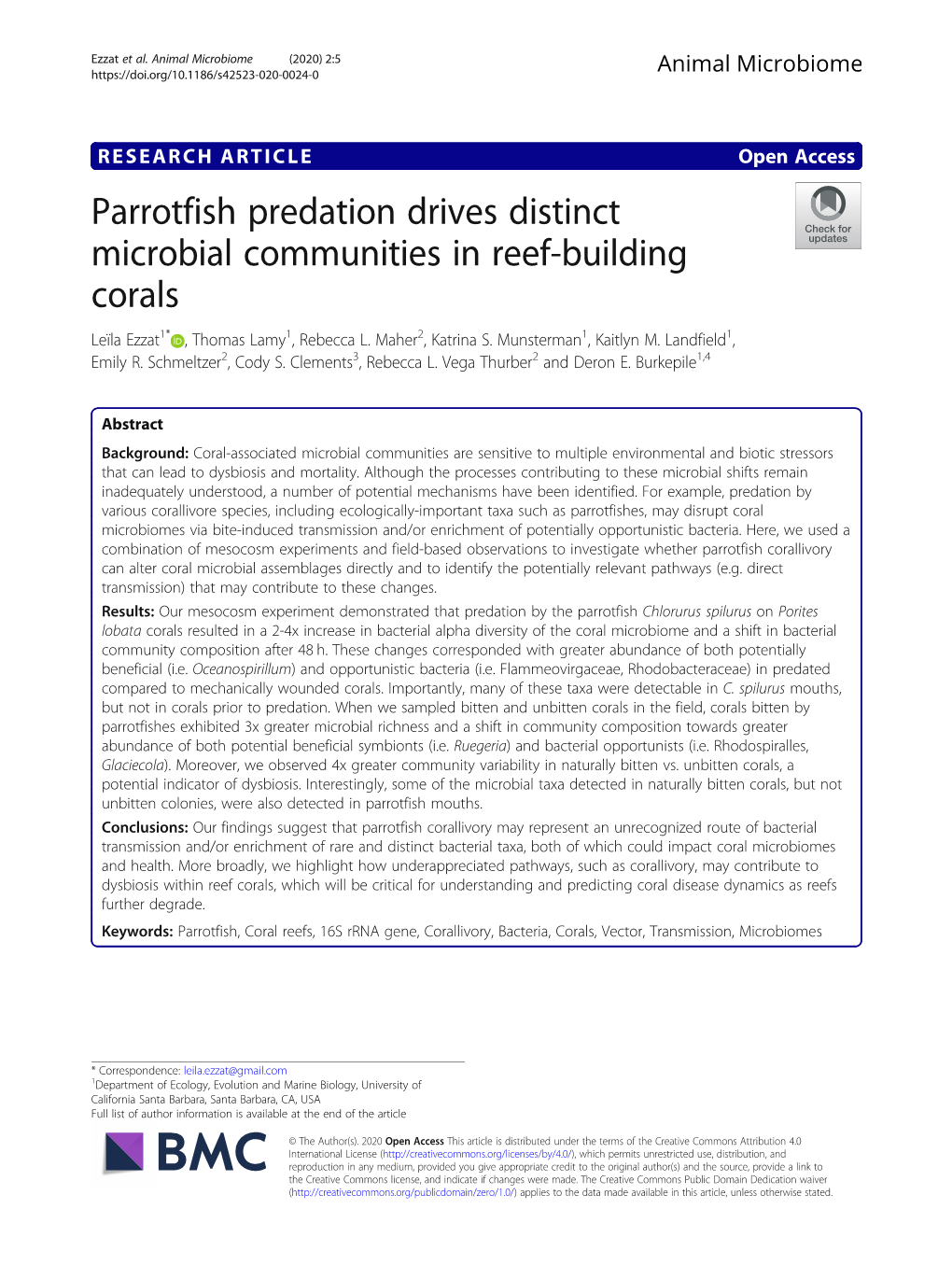 Parrotfish Predation Drives Distinct Microbial Communities in Reef-Building Corals Leïla Ezzat1* , Thomas Lamy1, Rebecca L