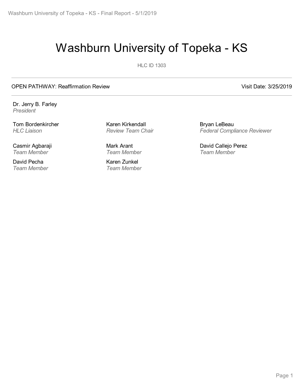 Washburn University of Topeka - KS - Final Report - 5/1/2019