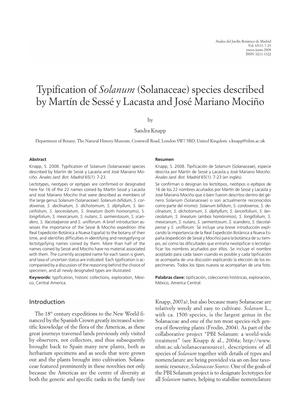 Typification of Solanum (Solanaceae) Species Described by Martín De Sessé Y Lacasta and José Mariano Mociño