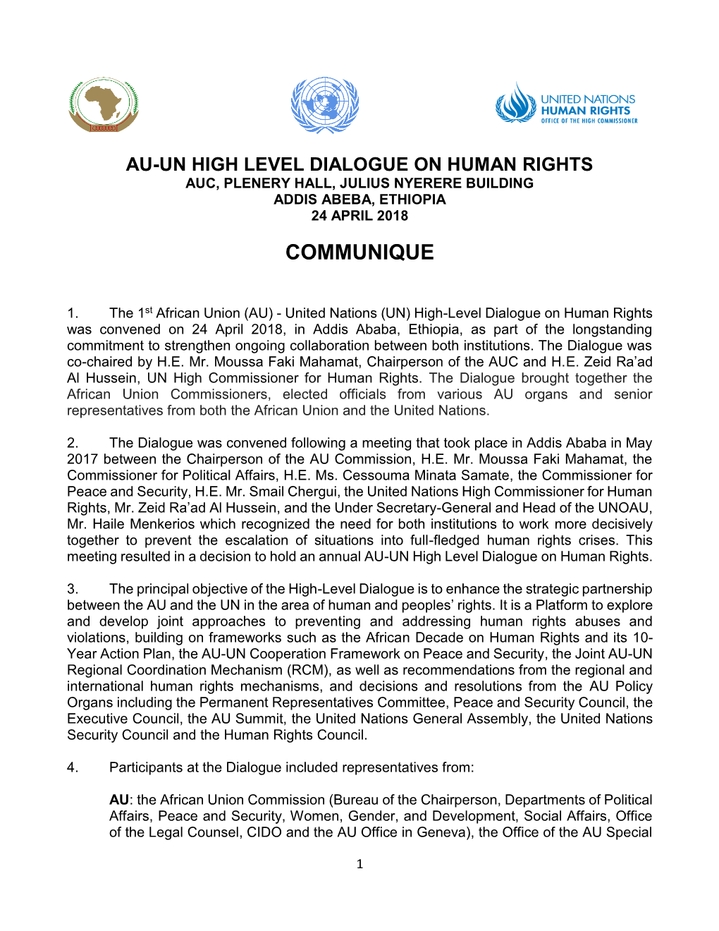 Au-Un High Level Dialogue on Human Rights Auc, Plenery Hall, Julius Nyerere Building Addis Abeba, Ethiopia 24 April 2018