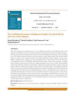 The Traditional Economy of Indigenous Peoples of Central Siberia (The Case of the Selkups)
