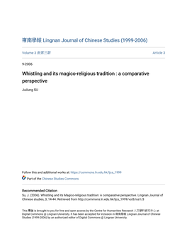Whistling and Its Magico-Religious Tradition : a Comparative Perspective