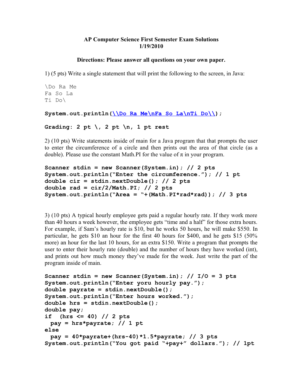 AP Computer Science First Semester Exam