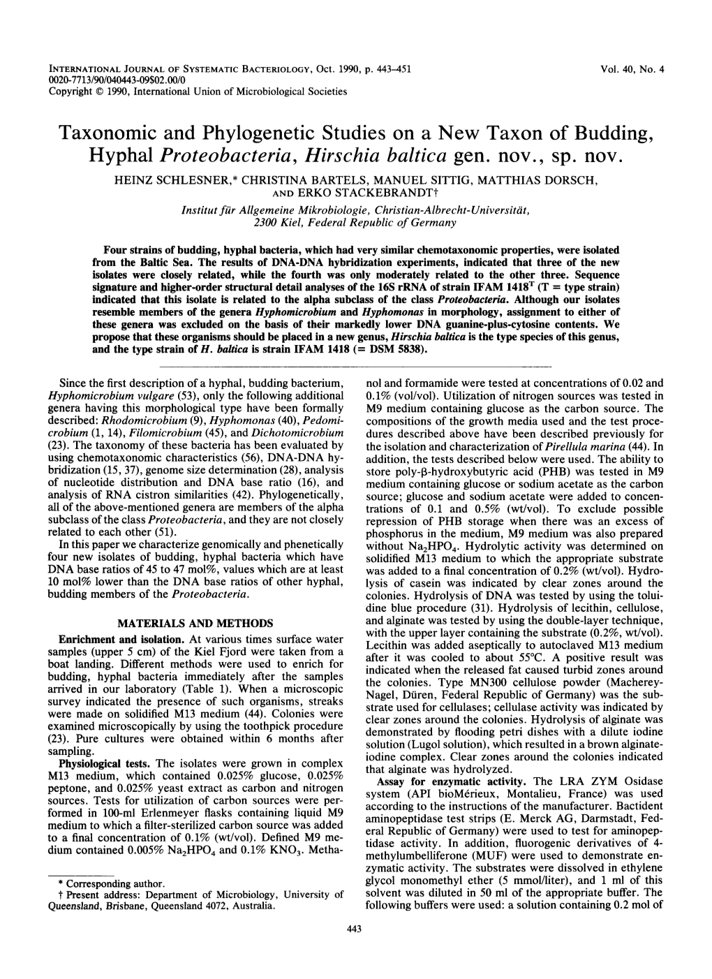 Hyphal Proteobacteria, Hirschia Baltica Gen. Nov. , Sp. Nov