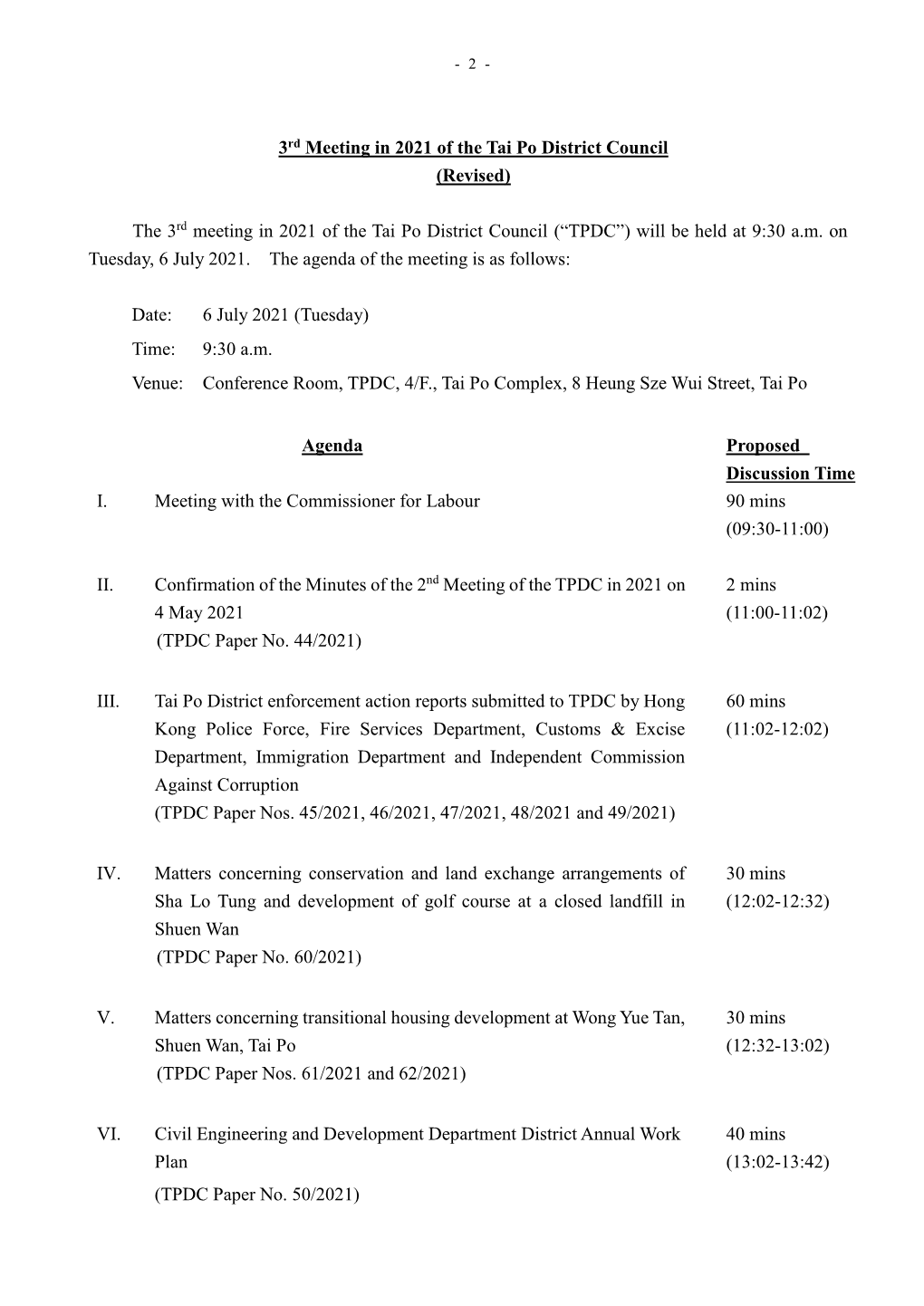 The 3Rd Meeting in 2021 of the Tai Po District Council (“TPDC”) Will Be Held at 9:30 A.M