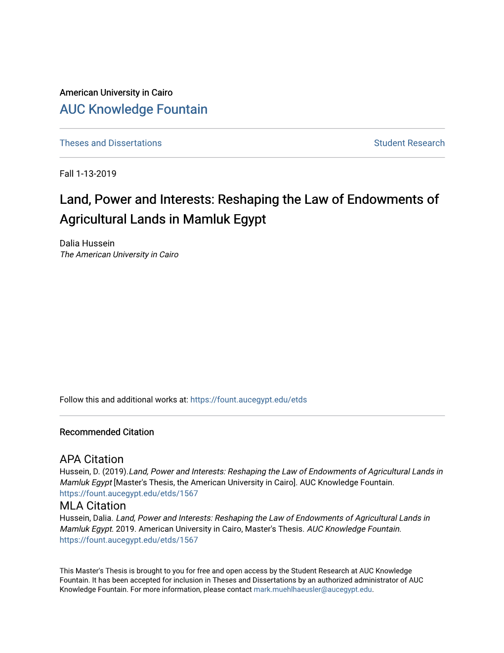 Reshaping the Law of Endowments of Agricultural Lands in Mamluk Egypt