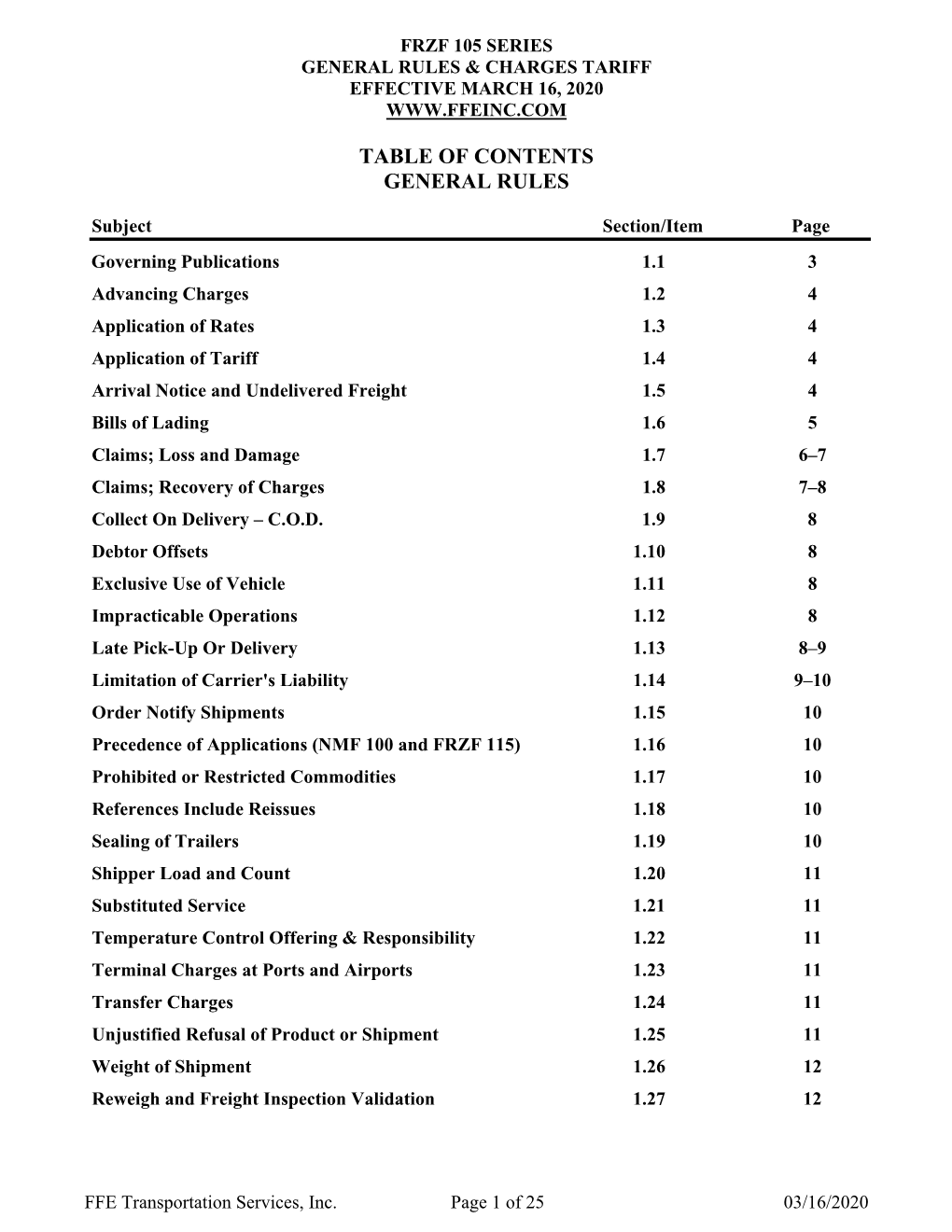 Table of Contents General Rules