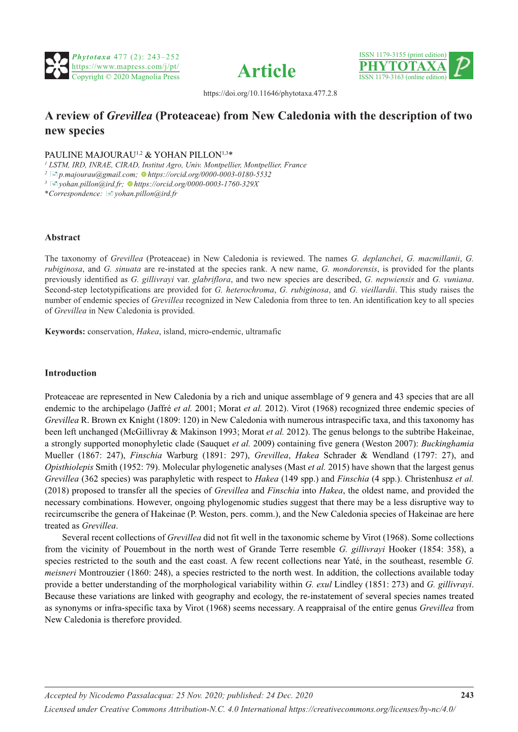 A Review of Grevillea (Proteaceae) from New Caledonia with the Description of Two New Species