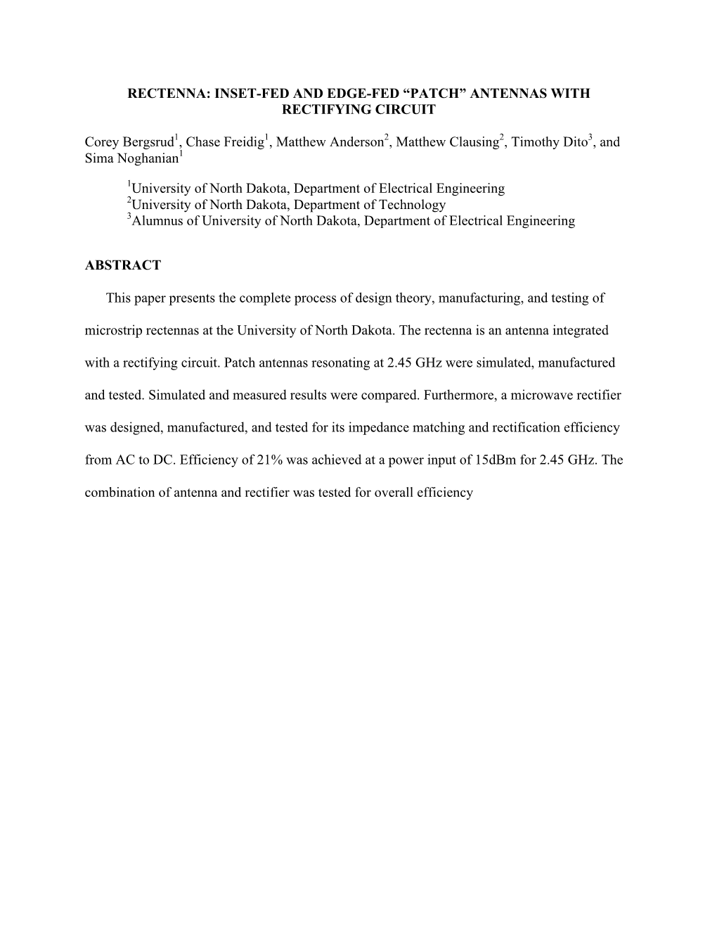 Rectenna: Inset-Fed and Edge-Fed “Patch” Antennas with Rectifying Circuit