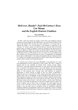 Paul Mccartney's Ecce Cor Meum and the English Oratorio
