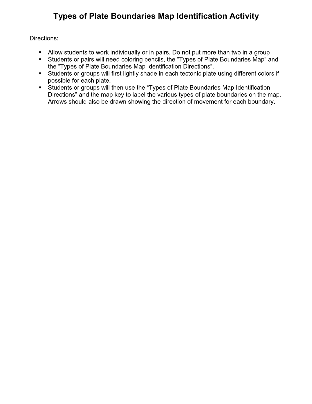 Types of Plate Boundaries Map Identification Activity