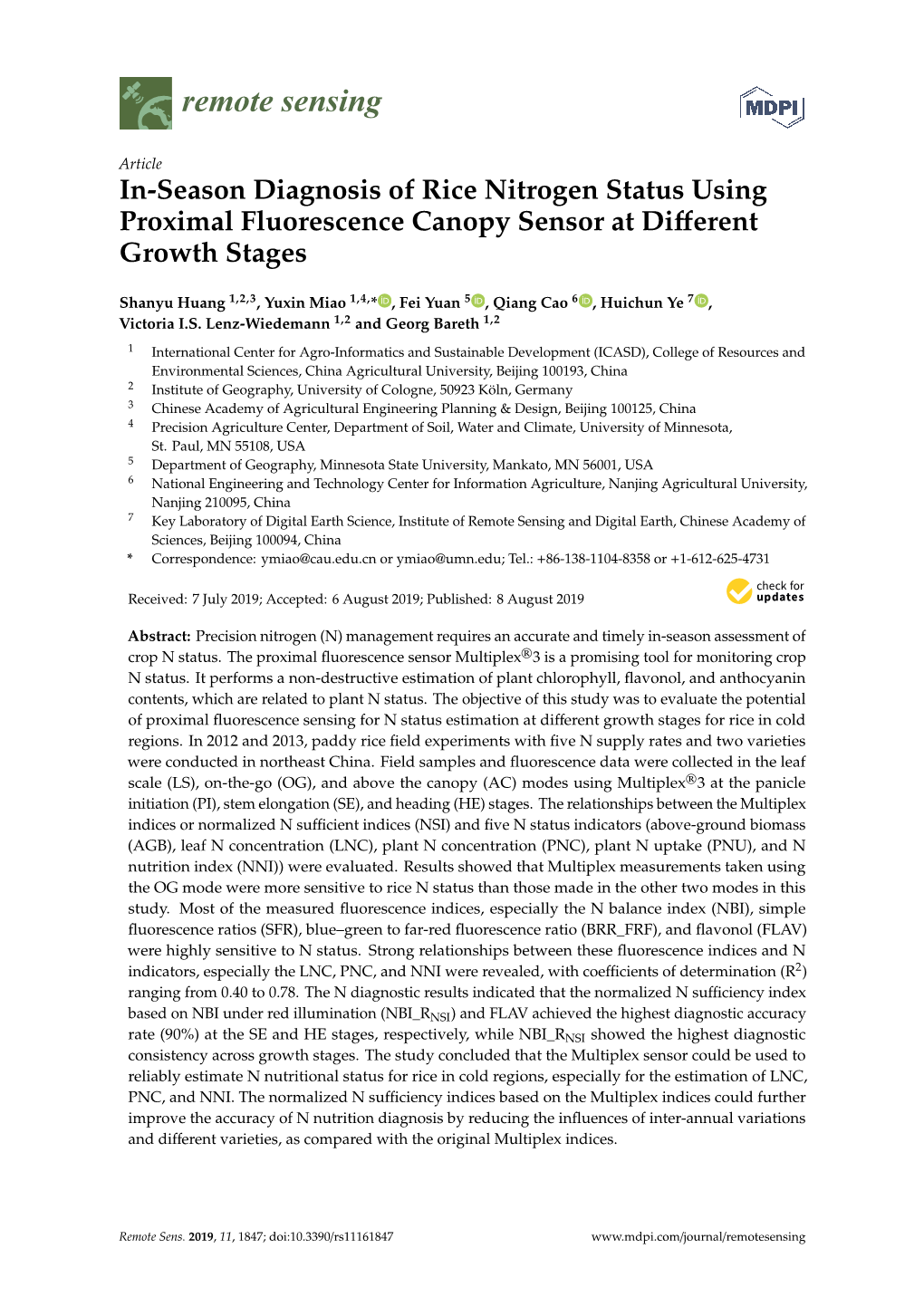 In-Season Diagnosis of Rice Nitrogen Status Using Proximal Fluorescence Canopy Sensor at Diﬀerent Growth Stages