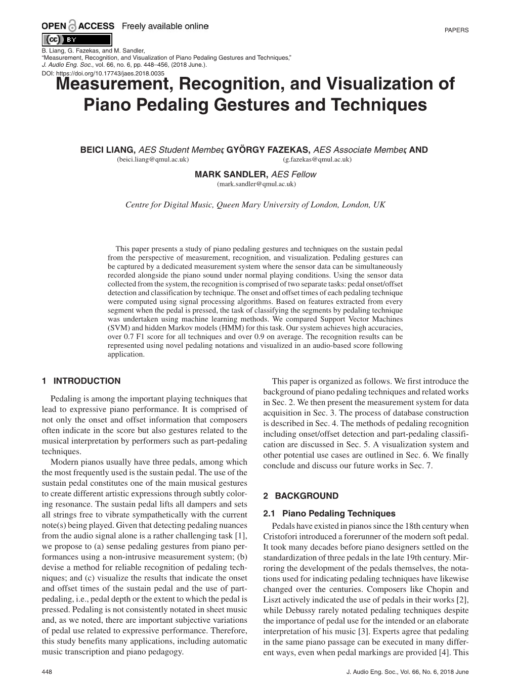 Measurement, Recognition, and Visualization of Piano Pedaling Gestures and Techniques,” J