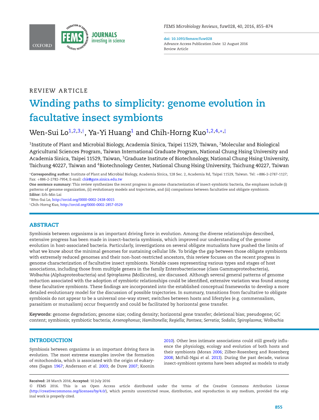 Genome Evolution in Facultative Insect Symbionts Wen-Sui Lo1,2,3,†, Ya-Yi Huang1 and Chih-Horng Kuo1,2,4,∗,‡