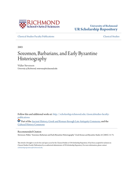 Sozomen, Barbarians, and Early Byzantine Historiography Walter Stevenson University of Richmond, Wstevens@Richmond.Edu