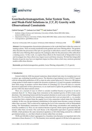 Gravitoelectromagnetism, Solar System Tests, and Weak-Field Solutions in F (T, B) Gravity with Observational Constraints