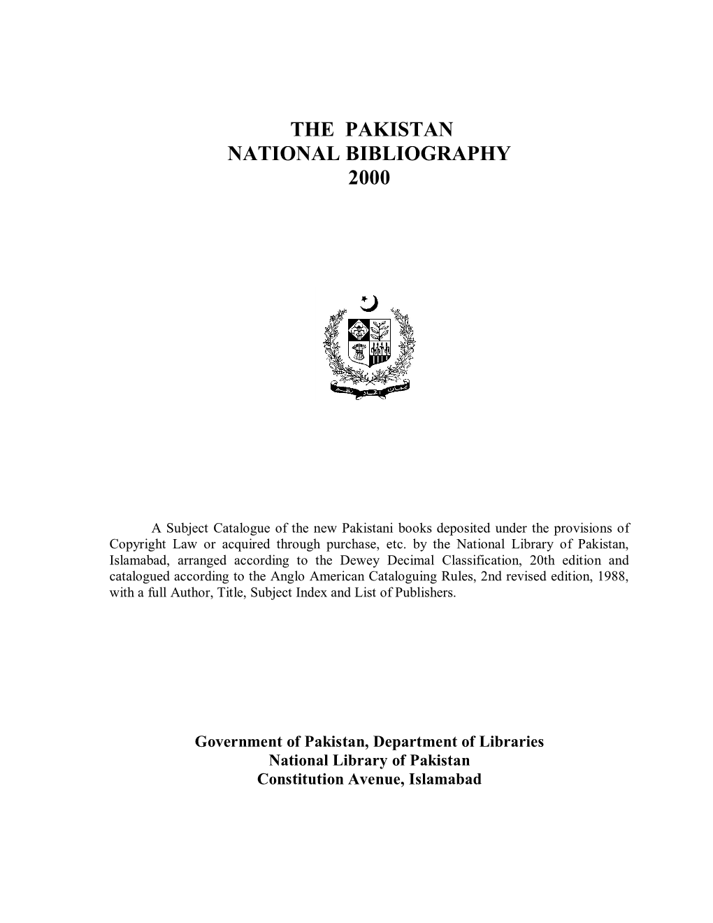 The Pakistan National Bibliography 2000