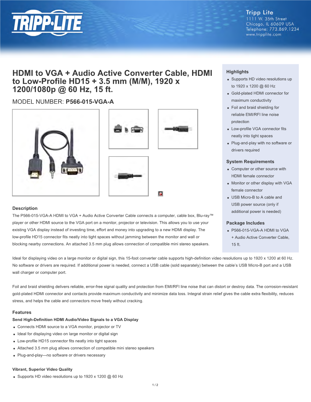 HDMI to VGA + Audio Active Converter Cable, HDMI to Low-Profile HD15 + 3.5 Mm