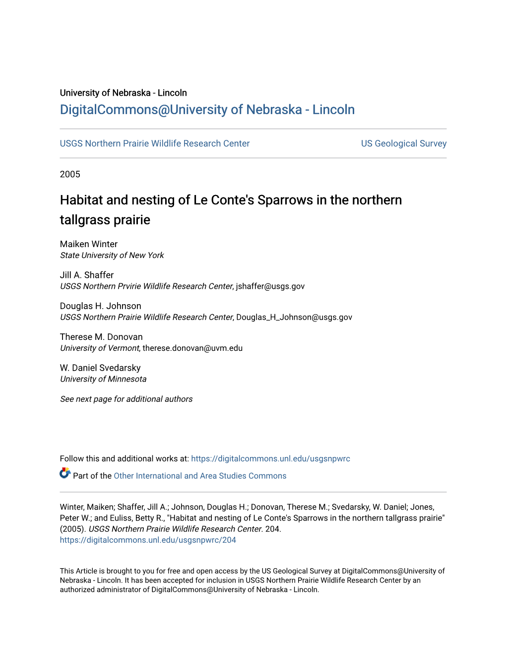 Habitat and Nesting of Le Conte's Sparrows in the Northern Tallgrass Prairie