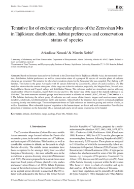 Tentative List of Endemic Vascular Plants of the Zeravshan Mts in Tajikistan: Distribution, Habitat Preferences and Conservation Status of Species