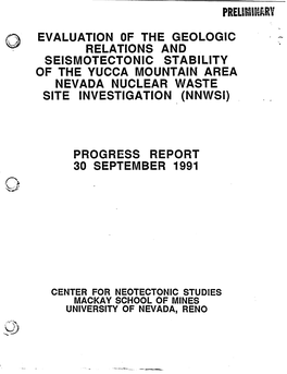 10/01/1990-09/30/1991 Status Report, "Evaluation of the Geologic