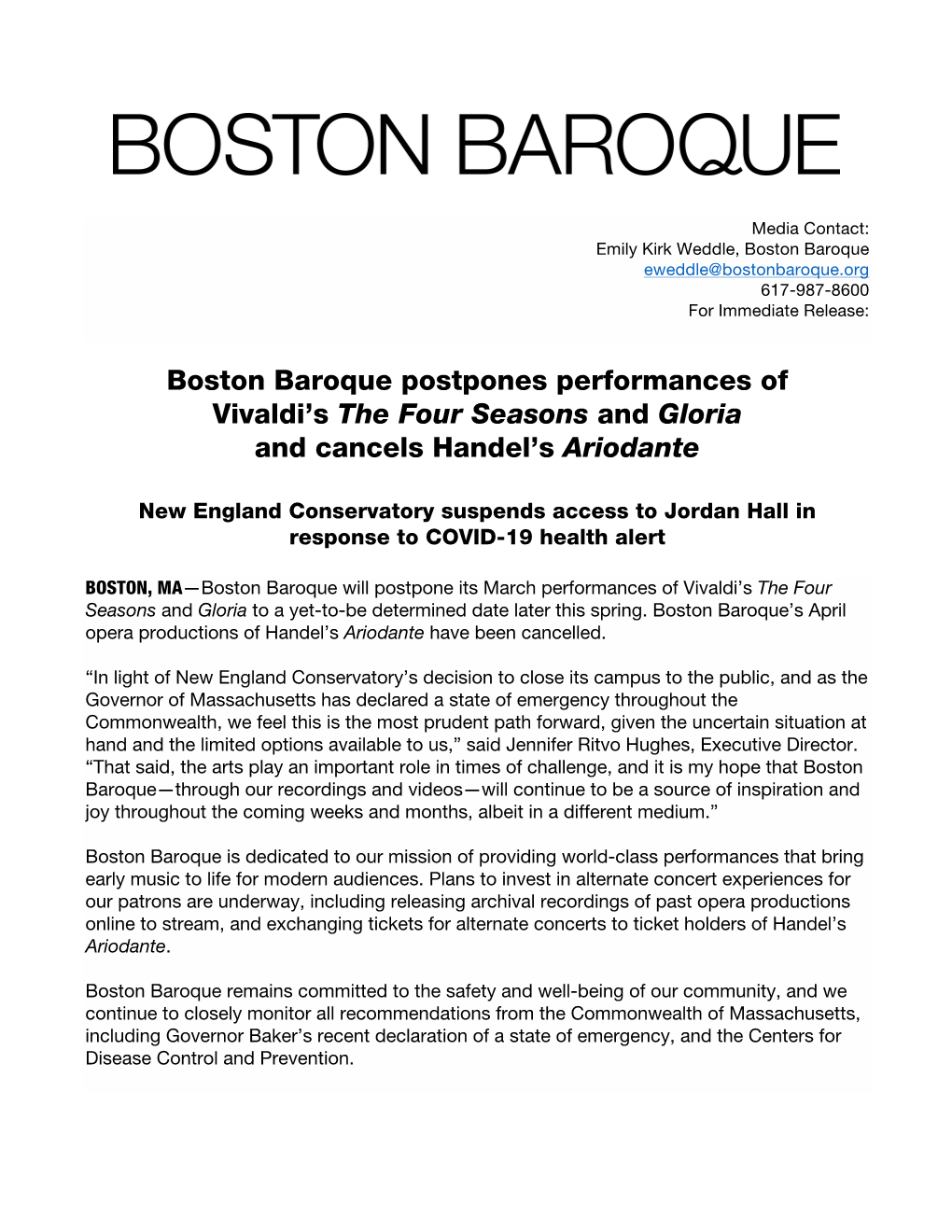 Boston Baroque Eweddle@Bostonbaroque.Org 617-987-8600 for Immediate Release