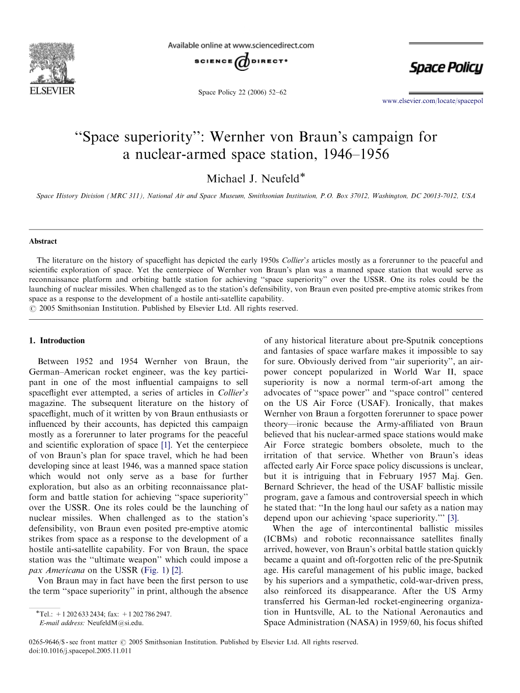 ''Space Superiority'': Wernher Von Braun's Campaign for a Nuclear