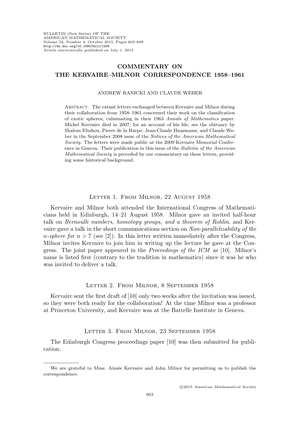 Commentary on the Kervaire–Milnor Correspondence 1958–1961