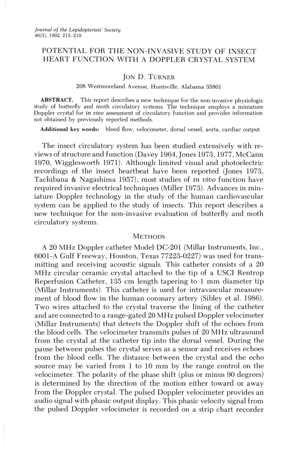 Potential for the Non-Invasive Study of Insect Heart Function with a Doppler Crystal System