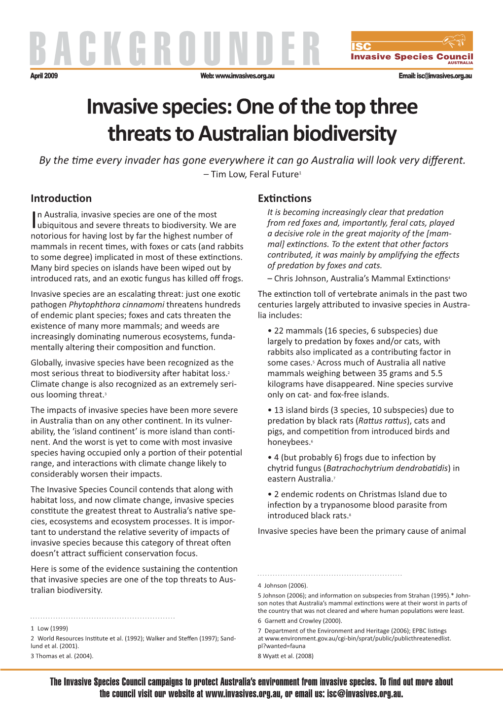 Invasive Species: One of the Top Three Threats to Australian Biodiversity