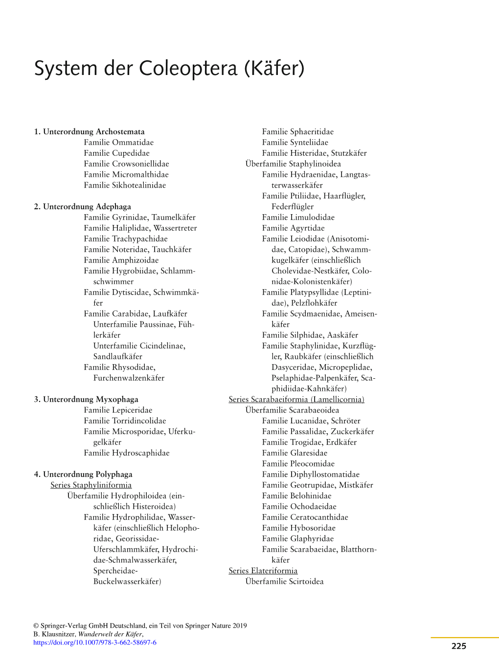 System Der Coleoptera (Käfer)