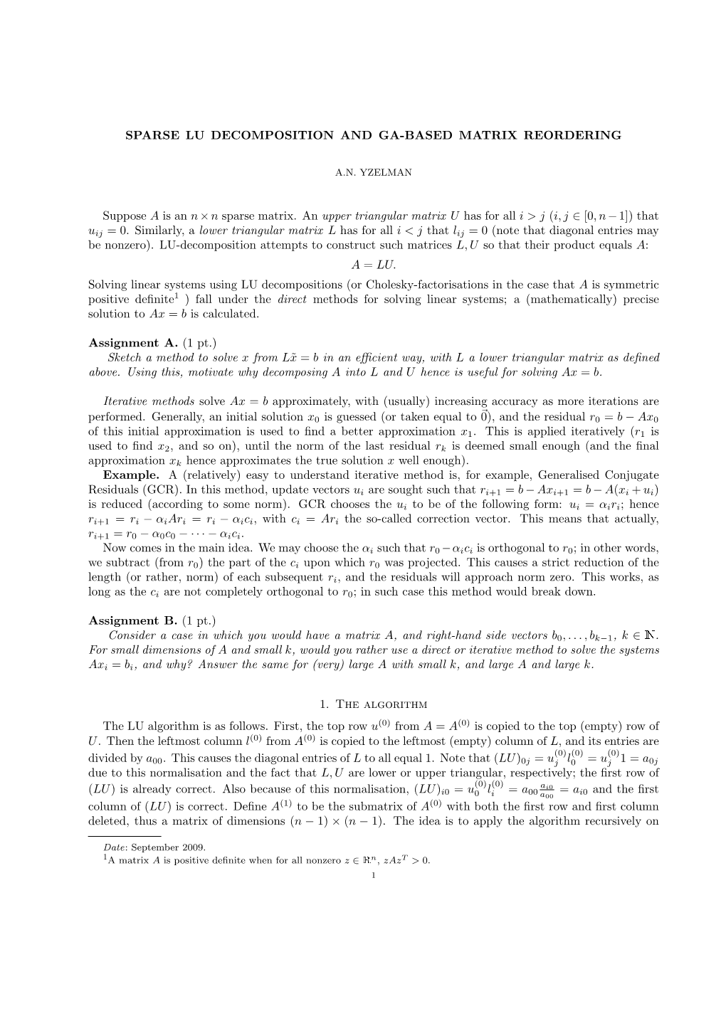 Sparse Lu Decomposition and Ga-Based Matrix Reordering