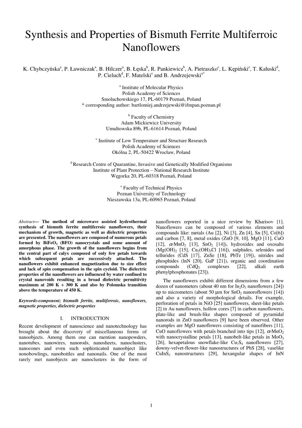 Synthesis and Properties of Bismuth Ferrite Multiferroic Nanoflowers
