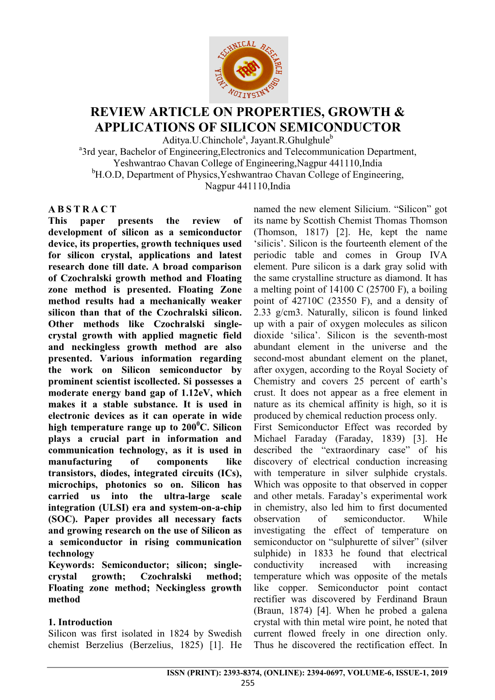 Review Article on Properties, Growth & Applications of Silicon Semiconductor