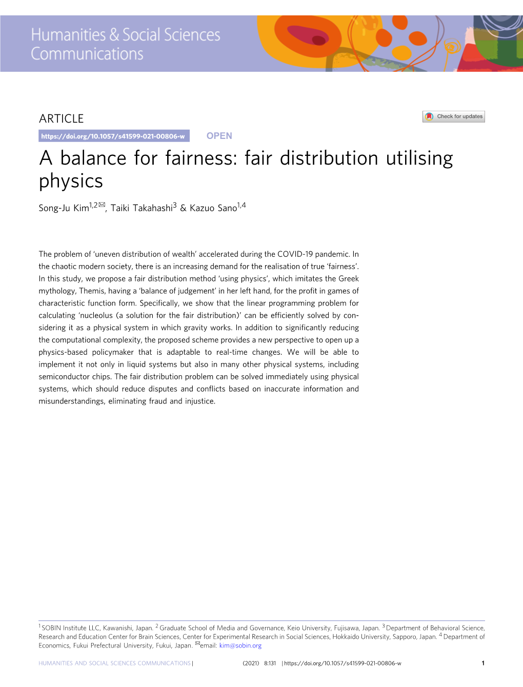 Fair Distribution Utilising Physics ✉ Song-Ju Kim1,2 , Taiki Takahashi3 & Kazuo Sano1,4