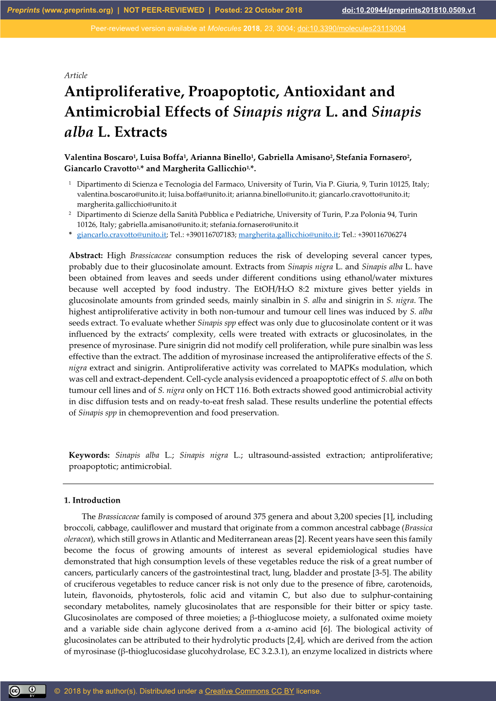 Antiproliferative, Proapoptotic, Antioxidant and Antimicrobial Effects of Sinapis Nigra L. and Sinapis Alba L. Extracts