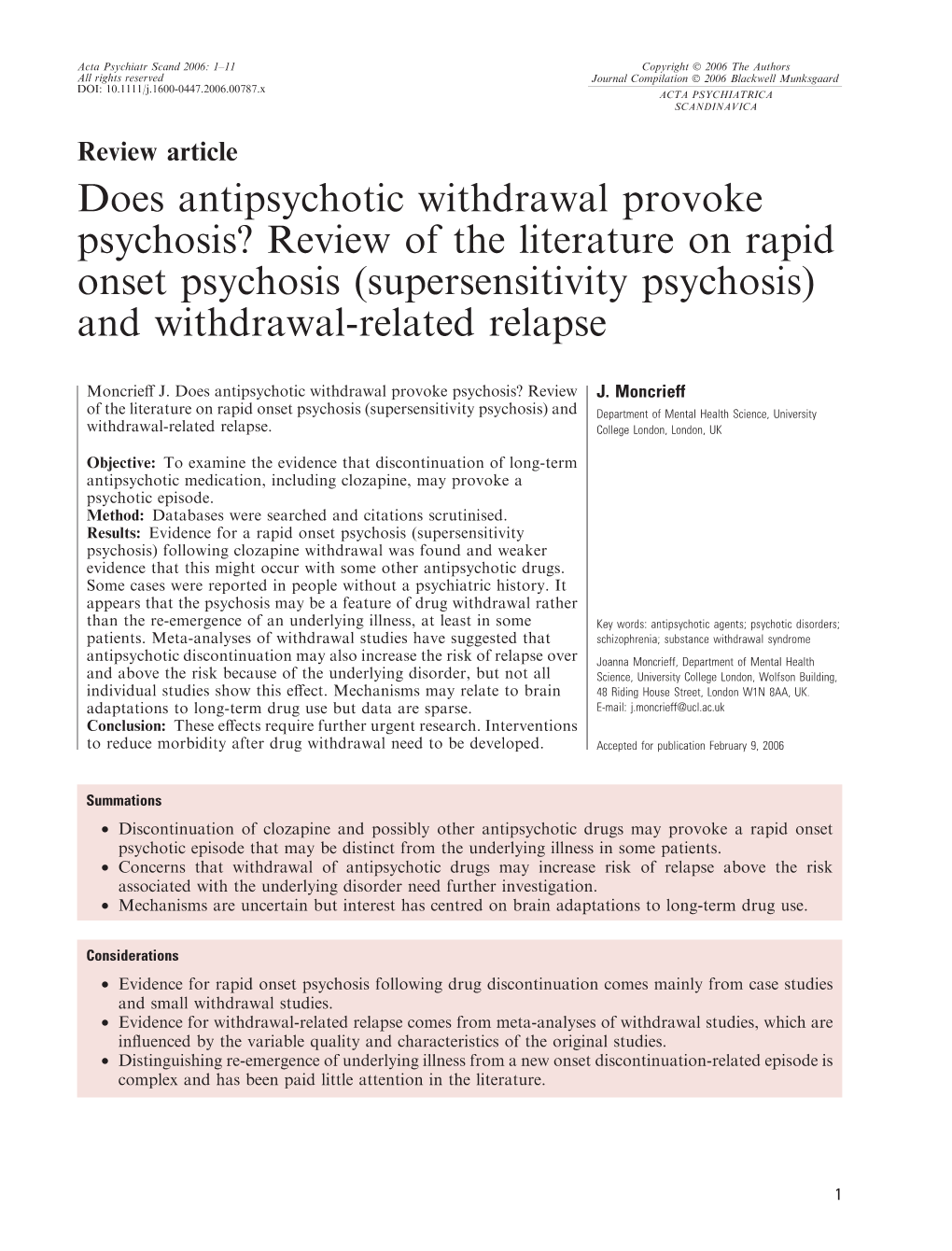 Does Antipsychotic Withdrawal Provoke Psychosis? Review of the Literature on Rapid Onset Psychosis (Supersensitivity Psychosis) and Withdrawal-Related Relapse